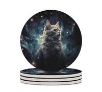 Set di 4 sottobicchieri assorbenti con base in sughero, divertenti sottobicchieri stampati con un gatto in una nebulosa, per cucina, soggiorno, ufficio, ristorante, caffetteria o bar.