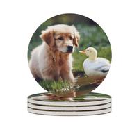 Set di 4 sottobicchieri assorbenti con base in sughero, motivo: cane divertente e anatra, stampati per cucina, soggiorno, ufficio, ristorante, caffetteria o bar.