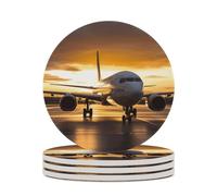 Set di 4 sottobicchieri assorbenti con base in sughero, motivo: divertente aereo nella luce della sera, sottobicchieri stampati per cucina, soggiorno, ufficio, ristorante, caffetteria o bar.