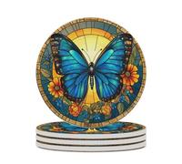 Set di 4 sottobicchieri assorbenti in vetro colorato con farfalla blu con ali aperte