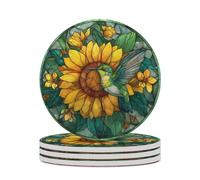 Set di 4 sottobicchieri assorbenti in vetro colorato con fiori gialli e colibrì