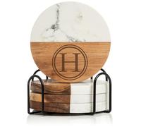Set di 4 sottobicchieri con supporto, forma circolare, lettera H, monogramma (legno di acacia e marmo)