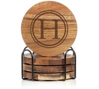 Set di 4 sottobicchieri con supporto, lettera H, monogramma (legno di acacia)