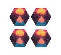 Set di 4 sottobicchieri esagonali in pelle, leggeri al neon al tramonto, Cyberpunk, paesaggio urbano, sottobicchieri per scrivania, sottobicchieri anti-scottature, per decorare la tavola dell'ufficio