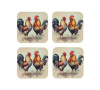 Set di 4 sottobicchieri in pelle a forma di gallo e gallina con supporto, impermeabili, resistenti al calore, rotondi, per bevande calde e fredde, antiscivolo, per soggiorno, cucina, bar