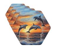 Set di 4 sottobicchieri in pelle ad asciugatura rapida, con delfini al tramonto, per bevande, tazze da caffè, protezione da tavolo, sottobicchieri resistenti al calore, per cucina, bar, ufficio