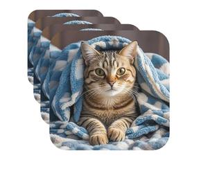 Set di 4 sottobicchieri in pelle ad asciugatura rapida con gatto sotto coperta, sottobicchieri per bevande, tappetino per tazza da caffè, protezione da tavolo, sottobicchieri resistenti al calore, per