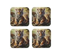 Set di 4 sottobicchieri in pelle con motivo a tigri della giungla, con supporto, impermeabili, resistenti al calore, rotondi, per bevande calde e fredde, antiscivolo, per soggiorno, cucina, bar