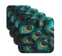 Set di 4 sottobicchieri in pelle per bevande Close-up di piume di pavone, facili da pulire, resistenti al calore, divertenti sottobicchieri per tazza per protezione da tavolo, 10 cm