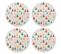 Set di 4 sottobicchieri natalizi con alberi colorati e fiocchi di neve, colore beige, per bevande, treppiedi in sughero, tappetino termico per tavolino da caffè, bicchieri da vino e bar