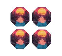 Set di 4 sottobicchieri ottagonali in pelle, leggeri, con paesaggio urbano cyberpunk al tramonto, per scrivania, anti-scottature, per decorare la tavola dell'ufficio
