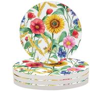 Set di 4 sottobicchieri per bevande con girasoli, papaveri e fiordalisi, assorbenti in ceramica con base in sughero, per proteggere i bicchieri da caffè e tè.