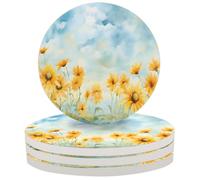 Set di 4 sottobicchieri per bevande con motivo a girasoli ad, in ceramica assorbente con base in sughero, per proteggere i bicchieri da caffè e tè.
