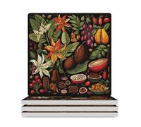 Set di 4 sottobicchieri quadrati in ceramica a forma di pianta di cacao con retro in sughero, foglie e fiori, resistenti al calore, resistenti al calore, per cucina, bar, tazze e bicchieri
