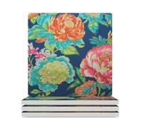 Set di 4 sottobicchieri quadrati in ceramica, blu navy, rosa e rosso, motivo floreale con peonie, per proteggere il tavolo, il tavolino da caffè, l'ufficio, la casa, idea regalo per l'inaugurazione