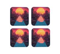 Set di 4 sottobicchieri quadrati in pelle, leggeri al neon al tramonto, Cyberpunk, paesaggio urbano, sottobicchieri per scrivania, sottobicchieri anti-scottature, per decorare la tavola dell'ufficio