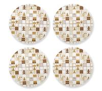 Set di 4 sottobicchieri rotondi a scacchiera natalizia oro e bianco per bevande, tovagliette in sughero, accessori per bar