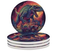 Set di 4 sottobicchieri rotondi a tema camion dei dinosauri, in ceramica assorbente da 10 cm con retro in sughero, antiscivolo, ideali per tavolino da caffè, cucina, bar e decorazioni per la casa. U