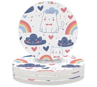 Set di 4 sottobicchieri rotondi con motivo gatto, cuore e arcobaleno, in ceramica assorbente da 10 cm con retro in sughero, antiscivolo, ideali per tavolino da caffè, cucina, bar e decorazioni per l