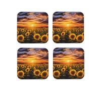 Set di 4 sottobicchieri rotondi in pelle con motivo campo di girasoli e tramonto per bevande, assorbenti, tazze con supporto, resistenti al calore, sottobicchieri per cucina e ufficio
