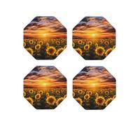 Set di 4 sottobicchieri rotondi in pelle con motivo campo di girasoli e tramonto per bevande, assorbenti, tazze con supporto, resistenti al calore, sottobicchieri per cucina e ufficio
