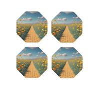 Set di 4 sottobicchieri rotondi in pelle con motivo Papaveri, campo di papaveri, strada di mattoni gialli, per bevande, assorbenti, tazze con supporto, resistenti al calore, sottobicchieri per tazze