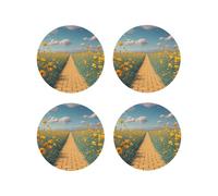 Set di 4 sottobicchieri rotondi in pelle con motivo Papaveri, campo di papaveri, strada di mattoni gialli, per bevande, assorbenti, tazze con supporto, resistenti al calore, sottobicchieri per tazze