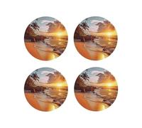 Set di 4 sottobicchieri rotondi in pelle con motivo spiaggia tropicale al tramonto per bevande, assorbenti, tazze con supporto, resistenti al calore, sottobicchieri per cucina e ufficio
