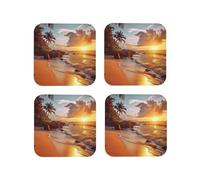 Set di 4 sottobicchieri rotondi in pelle con motivo spiaggia tropicale al tramonto per bevande, assorbenti, tazze con supporto, resistenti al calore, sottobicchieri per cucina e ufficio