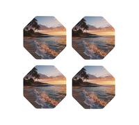 Set di 4 sottobicchieri rotondi in pelle con motivo tramonto mare onde nuvole per bevande, assorbenti, tazze con supporto, resistenti al calore, sottobicchieri per cucina e ufficio