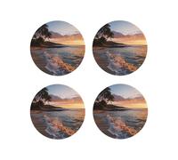 Set di 4 sottobicchieri rotondi in pelle con motivo tramonto mare onde nuvole per bevande, assorbenti, tazze con supporto, resistenti al calore, sottobicchieri per cucina e ufficio