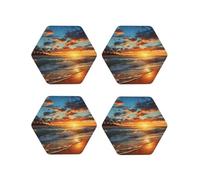 Set di 4 sottobicchieri rotondi in pelle con motivo tramonto oceano spiaggia per bevande, assorbenti, con supporto, resistenti al calore, per cucina e ufficio.