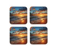 Set di 4 sottobicchieri rotondi in pelle con motivo tramonto oceano spiaggia per bevande, assorbenti, con supporto, resistenti al calore, per cucina e ufficio.