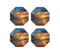 Set di 4 sottobicchieri rotondi in pelle con motivo tramonto oceano spiaggia per bevande, assorbenti, con supporto, resistenti al calore, per cucina e ufficio.