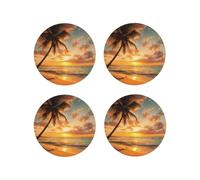 Set di 4 sottobicchieri rotondi in pelle con motivo tropicale, spiaggia, palme e tramonto, per bevande, assorbenti, tazze con supporto, resistenti al calore, sottobicchieri per cucina e ufficio