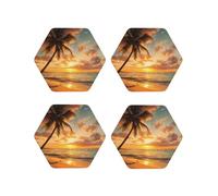 Set di 4 sottobicchieri rotondi in pelle con motivo tropicale, spiaggia, palme e tramonto, per bevande, assorbenti, tazze con supporto, resistenti al calore, sottobicchieri per cucina e ufficio