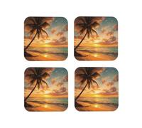 Set di 4 sottobicchieri rotondi in pelle con motivo tropicale, spiaggia, palme e tramonto, per bevande, assorbenti, tazze con supporto, resistenti al calore, sottobicchieri per cucina e ufficio