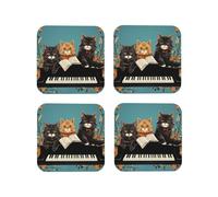 Set di 4 sottobicchieri rotondi in pelle con tre gatti che suonano note per bevande, assorbenti, tazze con supporto, resistenti al calore, sottobicchieri per tazze da caffè, per cucina e ufficio