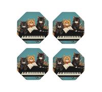 Set di 4 sottobicchieri rotondi in pelle con tre gatti che suonano note per bevande, assorbenti, tazze con supporto, resistenti al calore, sottobicchieri per tazze da caffè, per cucina e ufficio