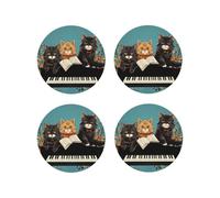 Set di 4 sottobicchieri rotondi in pelle con tre gatti che suonano note per bevande, assorbenti, tazze con supporto, resistenti al calore, sottobicchieri per tazze da caffè, per cucina e ufficio