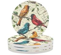 Set di 4 sottobicchieri rotondi in stile retrò con motivo uccellino, in ceramica assorbente da 10 cm con retro in sughero, antiscivolo, ideali per tavolino da caffè, cucina, bar e come regalo per l'