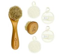 Set di 4 spazzole asciutte per viso e collo, spazzola per la pulizia del viso + piccola scrubber per naso + cuscinetti esfolianti per il viso in lino. Stimola il drenaggio linfatico, sblocca i pori,