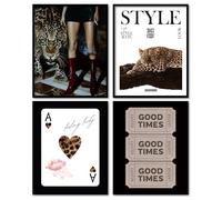 Set di 4 stampe artistiche da parete alla moda retrò senza cornice, Funky Retro Cheetah Ace Card Lucky Girl Ticket Estetica Poster da parete per camera da letto camera da letto appartamento