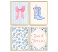 Set di 4 stampe artistiche da parete alla moda, senza cornice, con fiocco rosa, stivali blu e bianche a strisce, decorazione da parete, motivo: sogni d'oro, fiori blu, stampe artistiche per casa