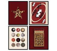 Set di 4 stampe artistiche da parete rosse alla moda, senza cornice, Funky Retro Leopard Matchbox Star Lucky 8 Ball Love You More Poster da parete per camera da letto camera da letto appartamento 28 x