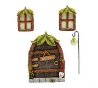 Set di 4 statue da giardino in miniatura con foglie in resina, porte e finestre che si illuminano al buio, per decorazione creativa da parete per esterni