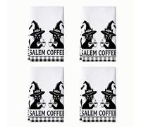 Set di 4 strofinacci da cucina a forma di gatto, fantasiosi cappello da strega stagionale, tazza da caffè, tazza da caffè, per asciugare i piatti, per asciugare i piatti della cucina, pulire le mani