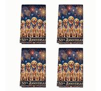 Set di 4 strofinacci da cucina con cani, festivi festivi fuochi d'artificio, striscioni per anniversario, blu, assorbenti, morbidi, asciugamani da cucina, 40,6 x 61 cm