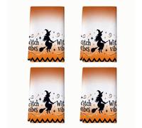 Set di 4 strofinacci da cucina con strega, fantasiosi e festivi con scopa e stelle, per Halloween, arancioni, riutilizzabili, per asciugare i piatti della cucina, per asciugare le mani, pulire le mani