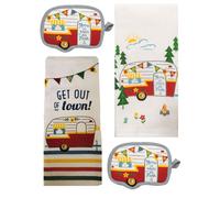 Set di 4 strofinacci da cucina Happy Camper: 1 strofinaccio, 1 asciugamano di spugna e 2 presine